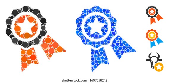 Quality seal composition of filled circles in different sizes and color tones, based on quality seal icon. Vector filled circles are combined into blue mosaic.