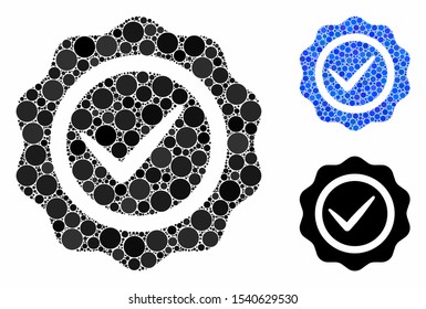 Quality seal composition of spheric dots in different sizes and color tints, based on quality seal icon. Vector dots are united into blue mosaic. Dotted quality seal icon in usual and blue versions.
