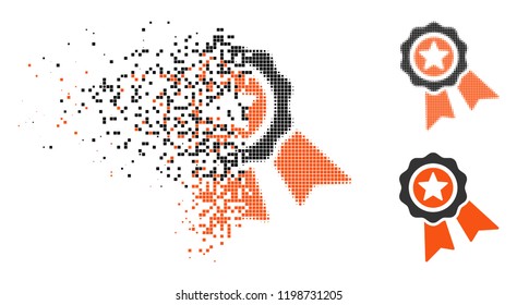 Quality seal icon in dispersed, dotted halftone and undamaged whole variants. Pixels are composed into vector dispersed quality seal shape. Disintegration effect uses rectangular dots.