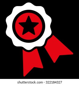 Quality Seal vector icon. Style is bicolor flat symbol, red and white colors, rounded angles, black background.