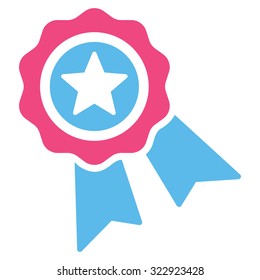Quality Seal vector icon. Style is bicolor flat symbol, pink and blue colors, rounded angles, white background.