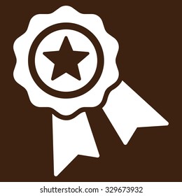 Quality Seal vector icon. Style is flat symbol, white color, rounded angles, brown background.