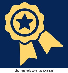 Quality Seal vector icon. Style is flat symbol, yellow color, rounded angles, blue background.