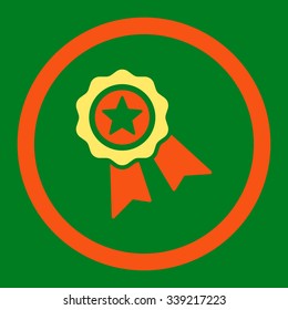 Quality Seal vector icon. Style is bicolor flat rounded symbol, orange and yellow colors, rounded angles, green background.