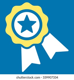 Quality Seal vector icon. Style is bicolor flat symbol, yellow and white colors, rounded angles, blue background.