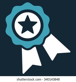 Quality Seal vector icon. Style is bicolor flat symbol, blue and white colors, rounded angles, dark blue background.