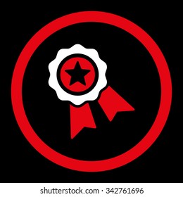 Quality Seal vector icon. Style is bicolor flat rounded symbol, red and white colors, rounded angles, black background.