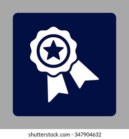 Quality Seal vector icon. Style is flat rounded square button, white and dark blue colors, silver background.