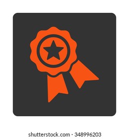 Quality Seal vector icon. Style is flat rounded square button, orange and gray colors, white background.