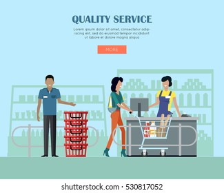 Quality Service Concept Web Banner. Vector In Flat Style. Buyers And Personnel In Supermarket Interior. Cashier Serves Customer In Grocery Store. Illustration For Retail Shops Ad And Web Design.     