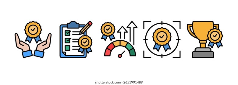 Colección múltiple del estilo del sistema del icono del servicio de la calidad, conteniendo el funcionamiento de la calidad del diseño, foco de la calidad, excelencia