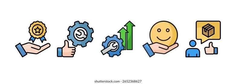 Colección múltiple del estilo del sistema del icono del servicio de la calidad, conteniendo el servicio del diseño, mejora del servicio, satisfacción, foco del Cliente, buen servicio