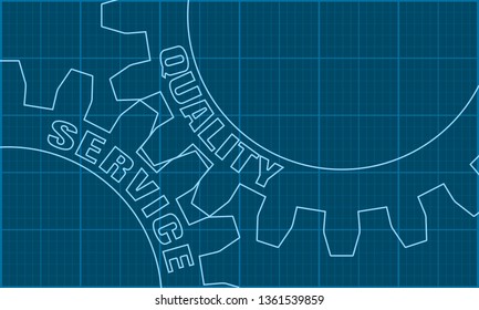 Quality and Service text on the Mechanism of Gears. Communication Concept in Industrial Design. Modern brochure design template. Retro tileable measure technical draft.