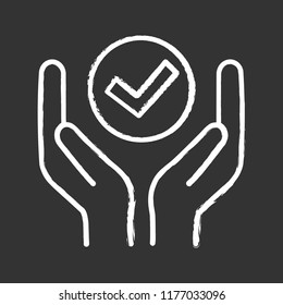 Quality services chalk icon. Quality assurance. Verification and validation. Meeting requirements. Hands holding check mark. Isolated vector chalkboard illustration