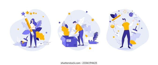 Quality services concept flat vector illustrations set. Best products for customers satisfaction. Business cartoon compositions for web design. Creative idea for website, mobile, presentation