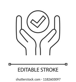 Quality services linear icon. Quality assurance. Thin line illustration. Verification and validation. Meeting requirements. Hands holding check mark. Vector isolated outline drawin. Editable stroke