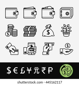 A quality set of icons related to money (exchange, payment, maintenance) and currency symbols