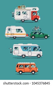 Quality set of vacation leisure vehicles. Road trip vector camping cars, caravans and trailers in trendy flat design. Ideal for summer adventure and travel themed graphic, motion and web design