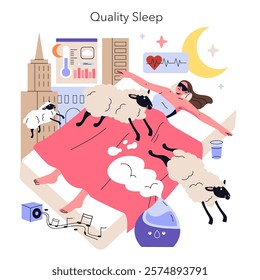 Quality Sleep concept. Woman enjoying restful sleep visualized with counting sheep, amid wellness icons. Tranquil nighttime slumber illustration. Vector illustration.