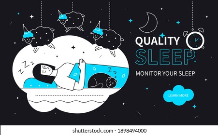 Quality sleep - flat design style web banner with line elements on black background. Young woman lying in her bed at home at night, dreaming, counting sheep. Images of the moon, stars, alarm clock