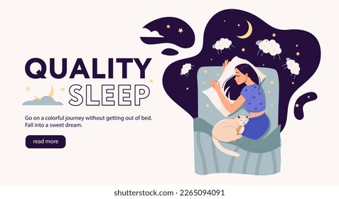 Quality sleep web banner template. The girl sleeps in bed with her cat. The girl counts sheep in her sleep. Cartoon vector illustration.