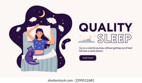 Quality sleep web banner template.  The girl counts sheep in her sleep. The girl sleeps in bed with her cat. Cartoon flat vector illustration.