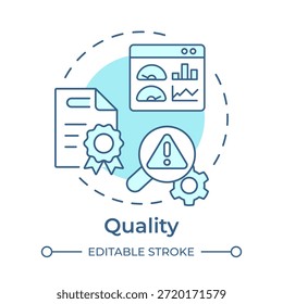 Icono de concepto azul suave de calidad. Análisis de datos, certificación de productos. Métricas de eficiencia. Ilustración de línea de forma redonda. Abstractas idea. Diseño gráfico. Fácil de usar en el artículo, infografía