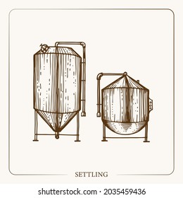 Quality stainless Settling Tanks. Equipment for the production of cider. Vintage sketch. Hand drawn design. Vector illustration. 