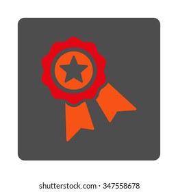 Quality Stamp vector icon. Style is flat rounded square silver button with red symbol, white background.