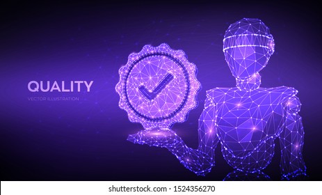 Quality. Standard Quality Control Certification Assurance. Guarantee, premium choice, good product. Abstract robot holding Quality icon check. Vector illustration.