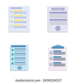 Quality standard icons set cartoon vector. Document with certification mark. International certification concept