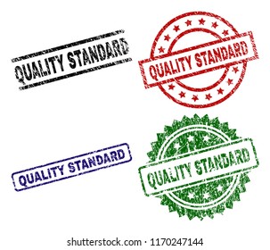 QUALITY STANDARD seal prints with distress surface. Black, green,red,blue vector rubber prints of QUALITY STANDARD label with dirty texture. Rubber seals with circle, rectangle, medal shapes.