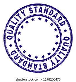 QUALITY STANDARD stamp seal watermark with grunge texture. Designed with circles and stars. Blue vector rubber print of QUALITY STANDARD title with grunge texture.