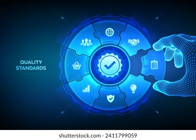 Quality standards control technology concept. ISO standardization certification service concept. Wireframe hand places an element into a composition visualizing quality control. Vector illustration.