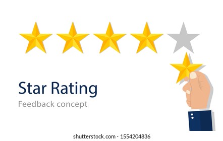 Quality star rating. Feedback rank concept. Customer appraisal, performance rate, positive review. Good evaluation of service in flat style. Best appreciation of quality. Isolated vector illustration