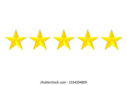 Quality stars rating. Customer review with gold star icon. 5 stars assessment of customer in flat style. Feedback concept. Quality rank. Appraisal, level rank. Positive review. vector isolated eps10