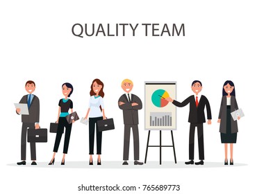 Quality team of best managers with diagram and chart on placard on white background vector illustration flat design of businessmen