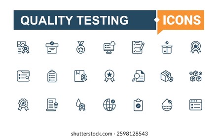 Quality Testing linear icon collection. Includes thin line standard, certification, control, checklist, product. Quality Control icon set. Line symbol. Vector solid mix icons and illustration.