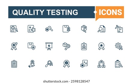 Quality Testing linear icon collection. Includes thin line standard, certification, control, checklist, product. Quality Control icon set. Line symbol. Vector solid mix icons and illustration.