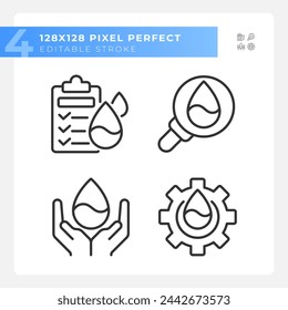 Quality testing linear icons set. Environmental protection. Quality control of potable water. Customizable thin line symbols. Isolated vector outline illustrations. Editable stroke. Pixel perfect