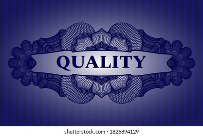 Quality text inside Currency Blue color emblem. Bars chic background. Vector illustration. 