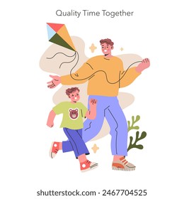 Quality Time Together illustration. A father and son share a playful moment with a colorful kite, embodying the joys of family life. Vector illustration.