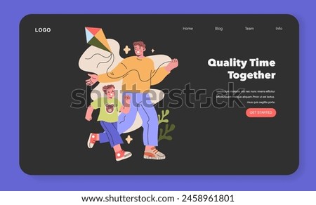 Quality Time Together illustration. A father and son share a playful moment with a colorful kite, embodying the joys of family life. Vector illustration.