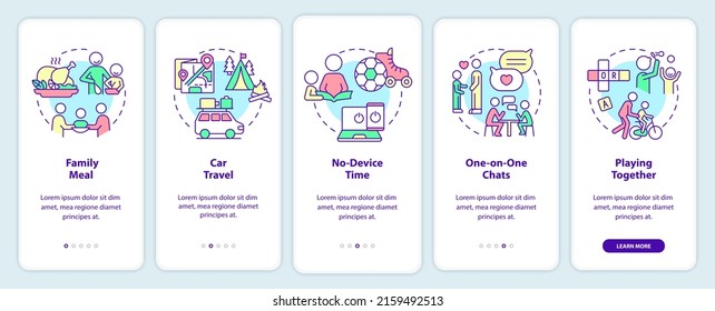Quality time together onboarding mobile app screen. Leisure and vacation walkthrough 5 steps graphic instructions pages with linear concepts. UI, UX, GUI template. Myriad Pro-Bold, Regular fonts used