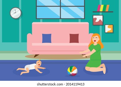Quality time vector concept: Cute baby crawling towards his mother at home while enjoying leisure time 