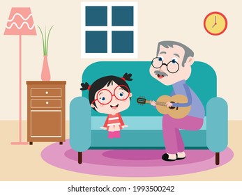 Quality time vector concept: Elderly man playing a guitar with his granddaughter while enjoying leisure time in the living room at home