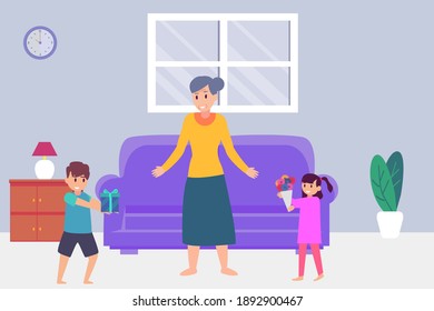 Quality time vector concept: Grandchildren giving gift and flower to their grandmother while standing at home