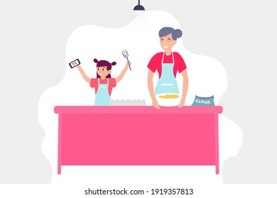 Concepto de vector de tiempo de calidad: Nieta y abuela cocinan juntas en la cocina mientras toman una foto