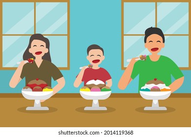 Quality time vector concept: Happy family eating ice cream together at home while enjoying leisure time 