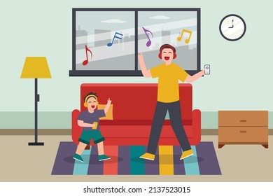 Quality time vector concept. Happy father dancing with his son while listening music on the cellphone and enjoying quality time at the home
